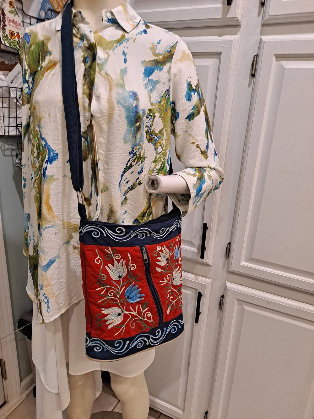 Artisan Nepal Vintage Embroidered Red Floral Shoulder Bag Navy Trim Suede-like
